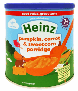Thức ăn bổ sung dành cho trẻ từ 7 tháng tuổi trở lên: Cháo bí đỏ, cà rốt & bắp ngọt-Heinz pumpkin, carrot & sweetcorn porridge