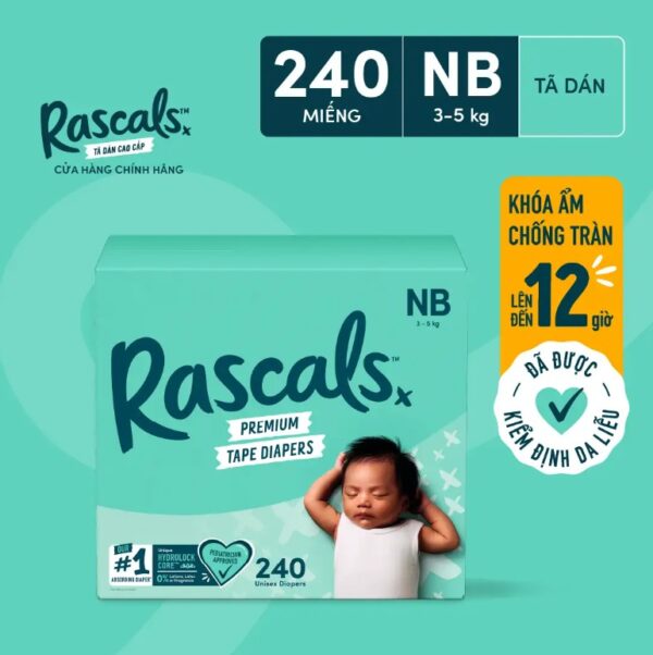 Tã dán Rascals, size NB (3-5Kg) (80 miếng/bịch x 3 bịch